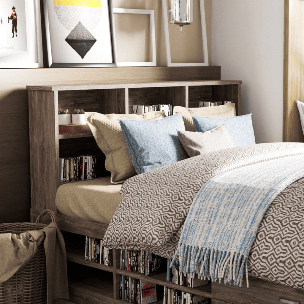 Bed with inbuilt bookcase in its headboard