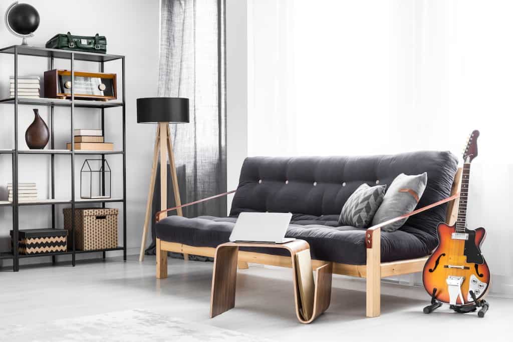 Wooden futon bed in a modern room