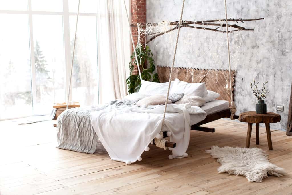 Hanging bed in an airy room