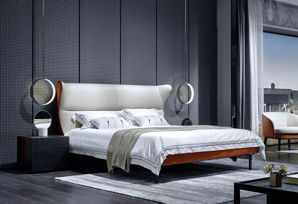 White leather and wood bed in ultra-modern bedroom