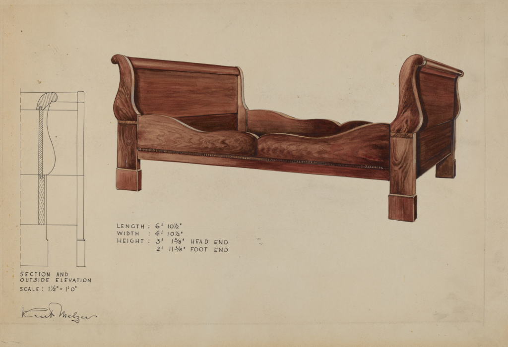 Antique sleigh bed illustration and technical drawing