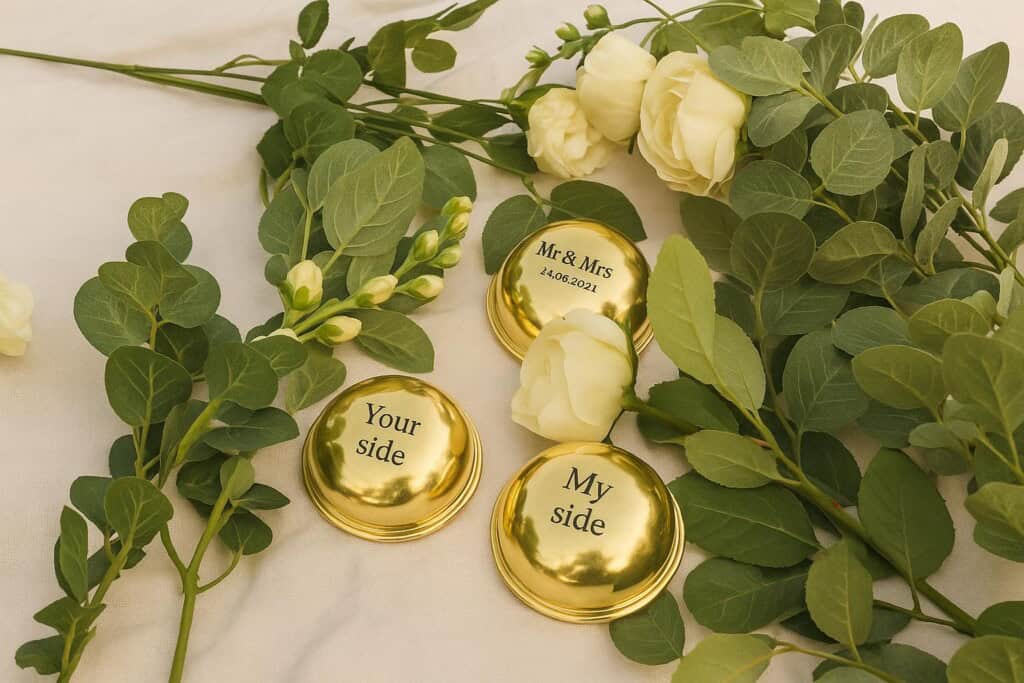Wedding-themed flat lay with white roses, greenery, and gold ring holders engraved with 'Mr & Mrs,' 'Our side,' and 'My side' on soft fabric