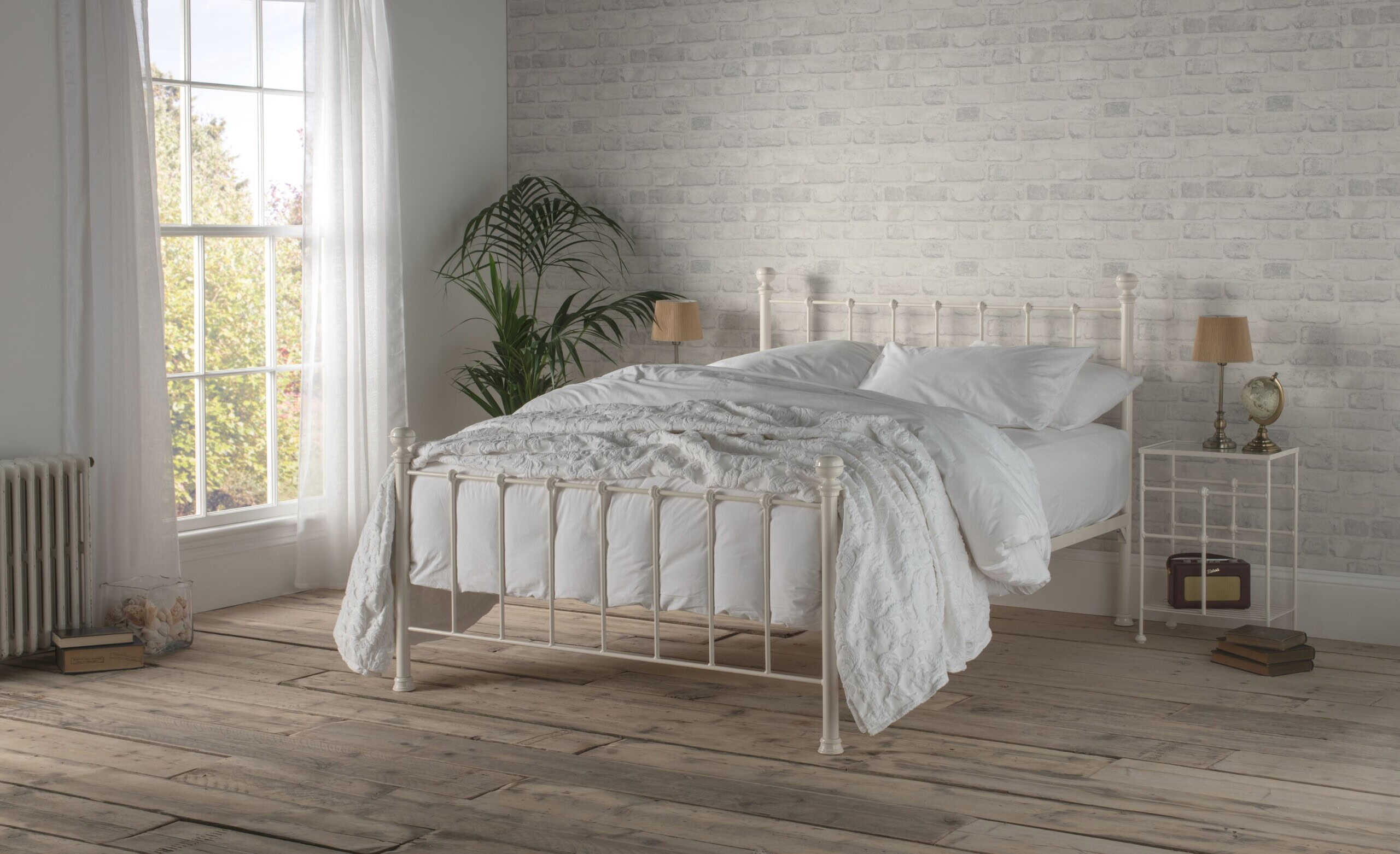 Grace iron bed in ivory with white bedding