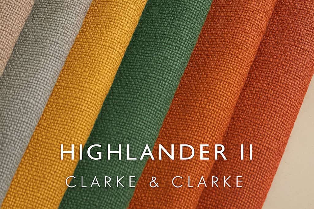 A close-up view of richly textured fabric swatches from Clarke & Clarke's Highlander II collection, arranged in a diagonal layout. The swatches showcase a variety of warm, earthy tones including beige, taupe, grey, mustard, green, and rust, with a visible woven texture. "Highlander II" and "Clarke & Clarke" are written in clean white text at the bottom, set against a softly lit, neutral background.